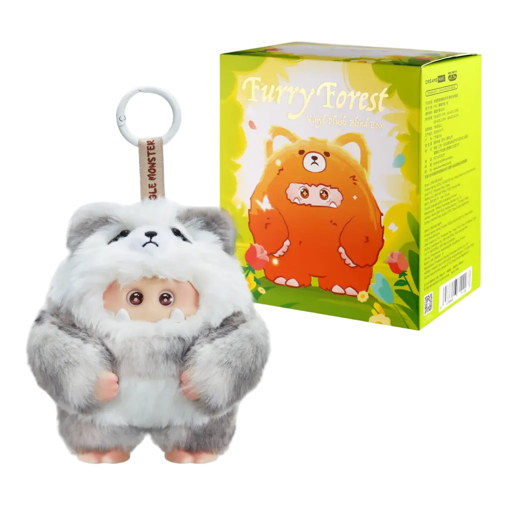 Plush toy resembling a bear in a costume with a 'Forest' box in the background