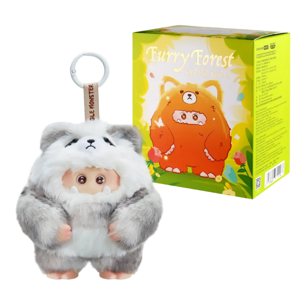 Plush toy resembling a bear in a costume with a 'Forest' box in the background